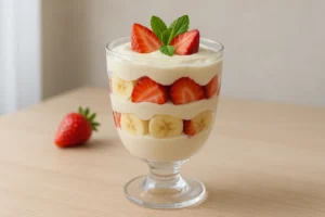 Sobremesa saudável cremosa de banana e morango, servida fresca, perfeita para alimentação equilibrada
