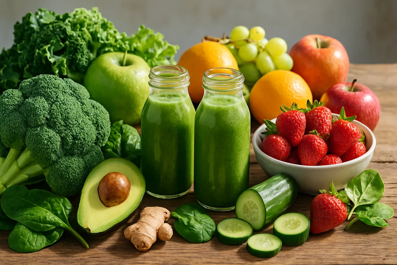 Mesa com alimentos naturais frescos e sucos detox representando alimentação saudável