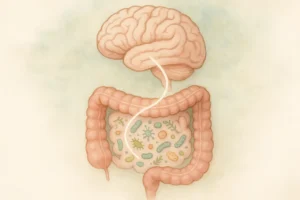 Ilustração da microbiota intestinal e sua conexão com o cérebro para saúde mental