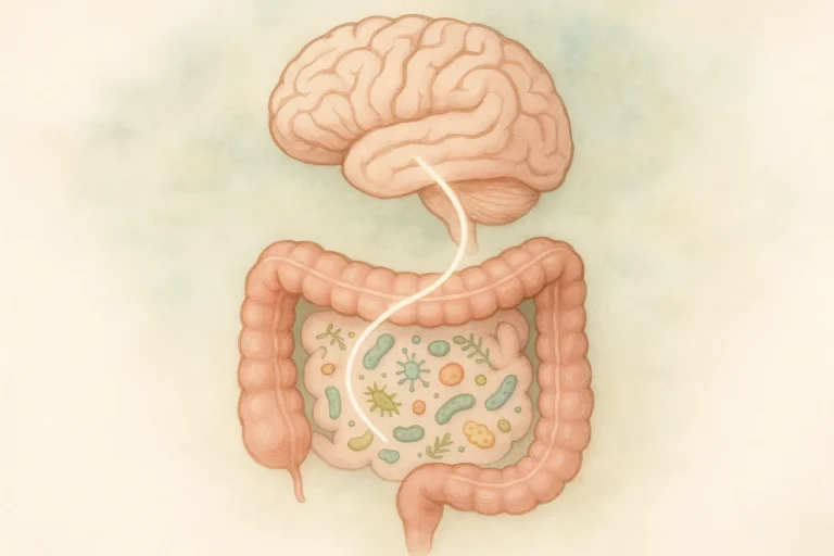Ilustração da microbiota intestinal e sua conexão com o cérebro para saúde mental