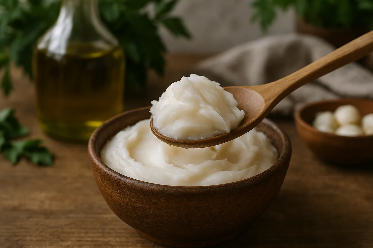 Colher com banha de porco natural em tigela, cozinha saudável