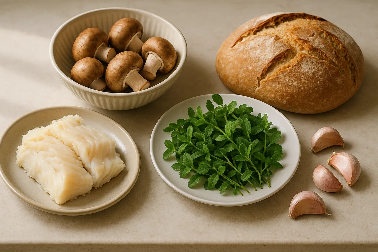 Ingredientes frescos para calducho de bacalhau com poejos numa bancada de cozinha