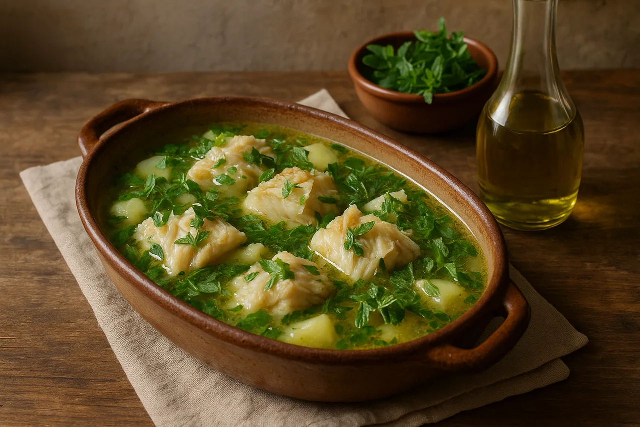 Prato tradicional português de calducho de bacalhau com poejos servido em travessa rústica