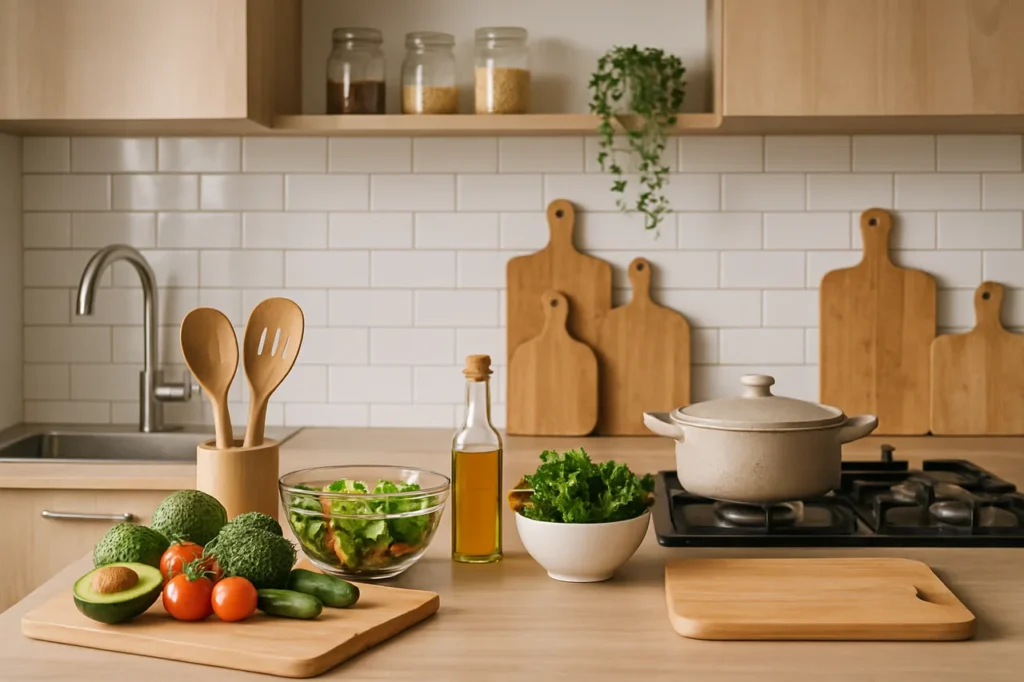Utensílios de cozinha numa bancada moderna, focando tábuas de corte e colheres, representando saúde alimentar