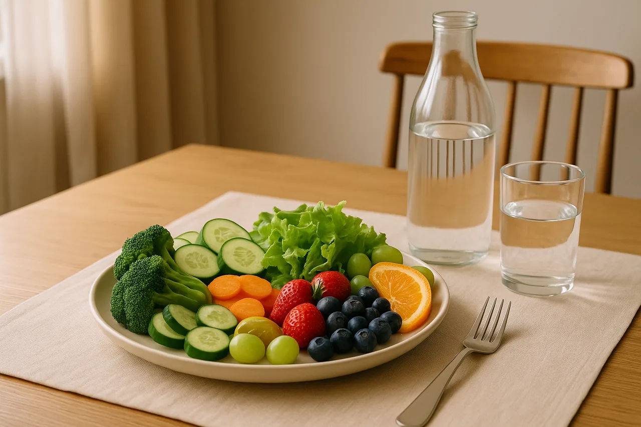 Prato de vegetais crus com frutas e água, sugerido para estratégias para perder peso com diabetes