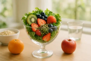 Taça de salada fresca com frutas inteiras e sementes, ideal para estratégias para perder peso com diabetes
