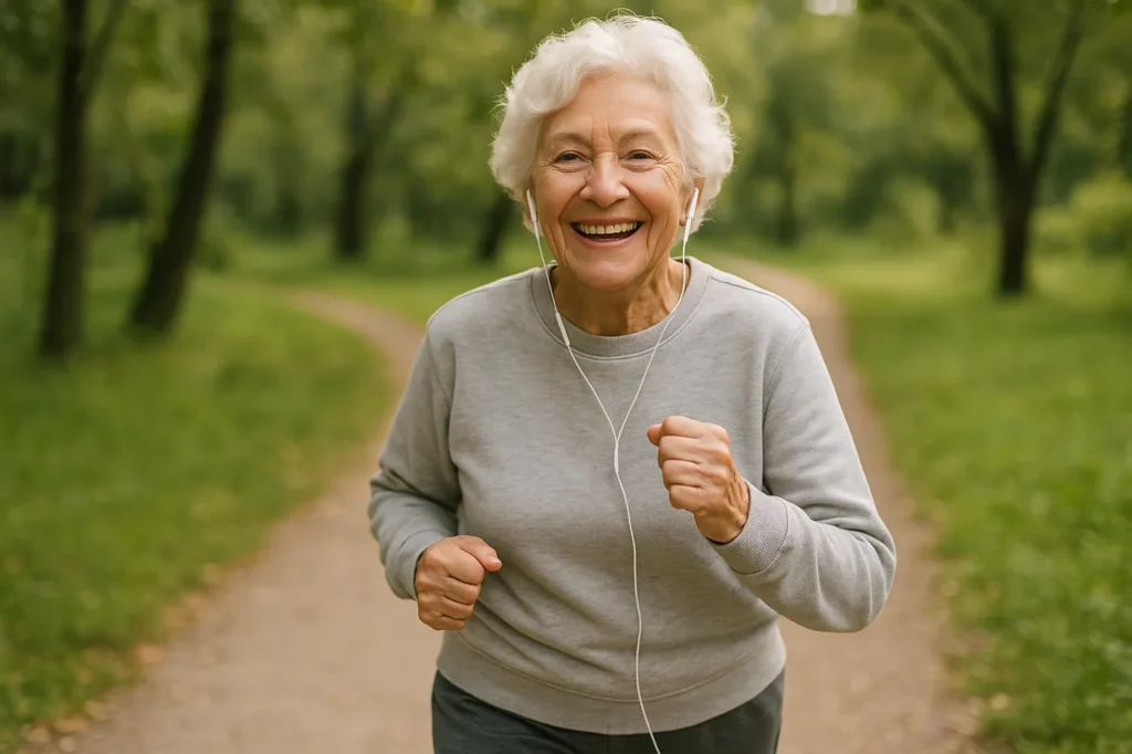 Pessoa sénior a praticar exercício físico ao ar livre, representando prevenção da sarcopenia com estilo de vida saudável