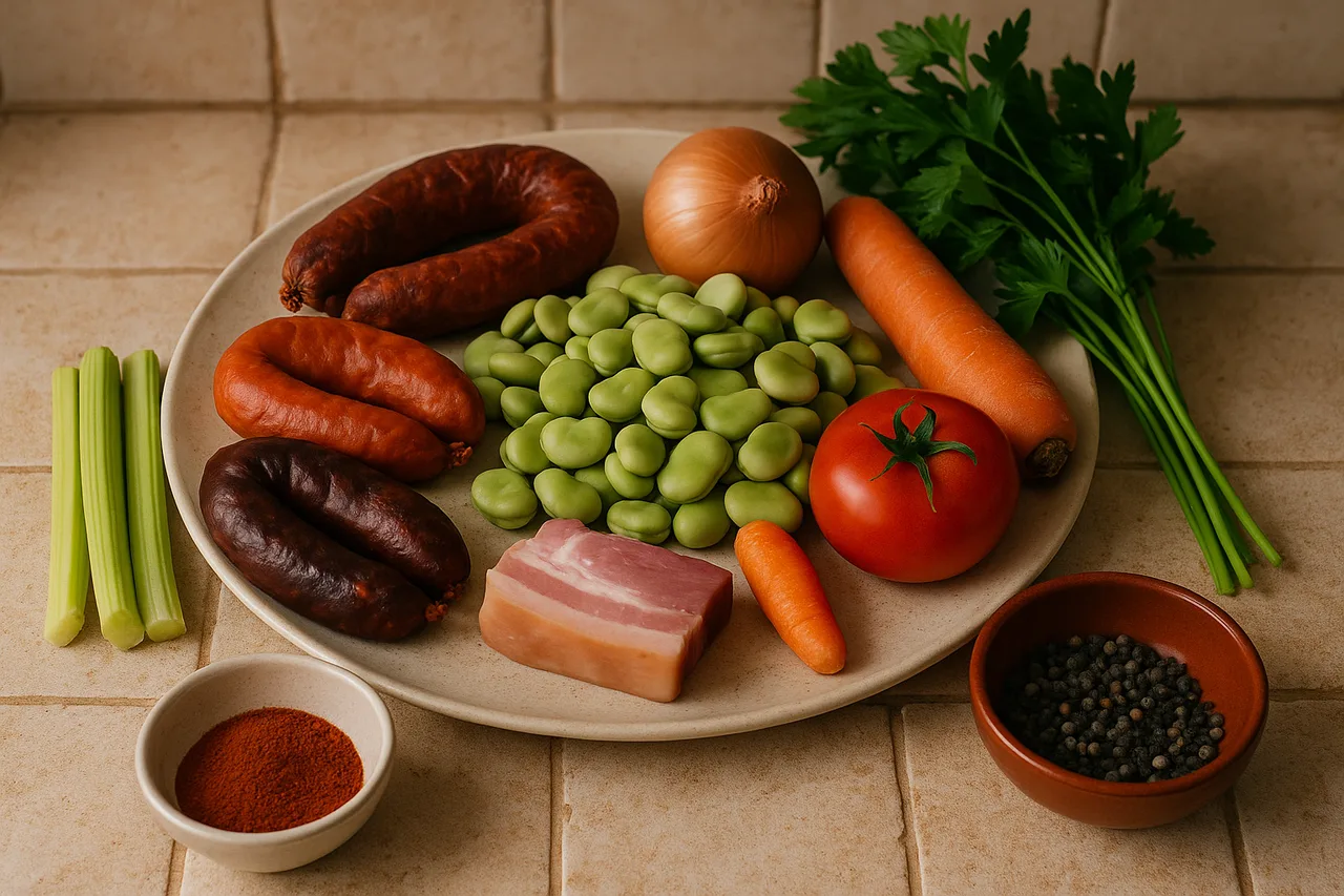 Ingredientes frescos para favas à casa portuguesa incluindo enchidos e legumes
