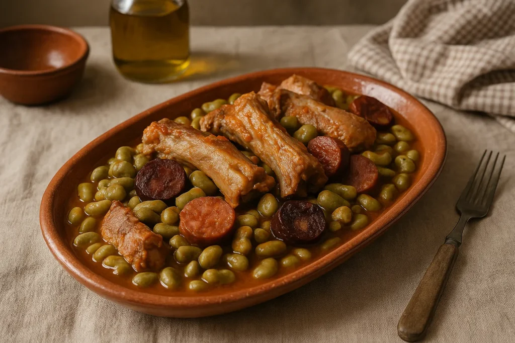 Prato de favas à casa portuguesa com entrecosto e enchidos, servido numa travessa rústica