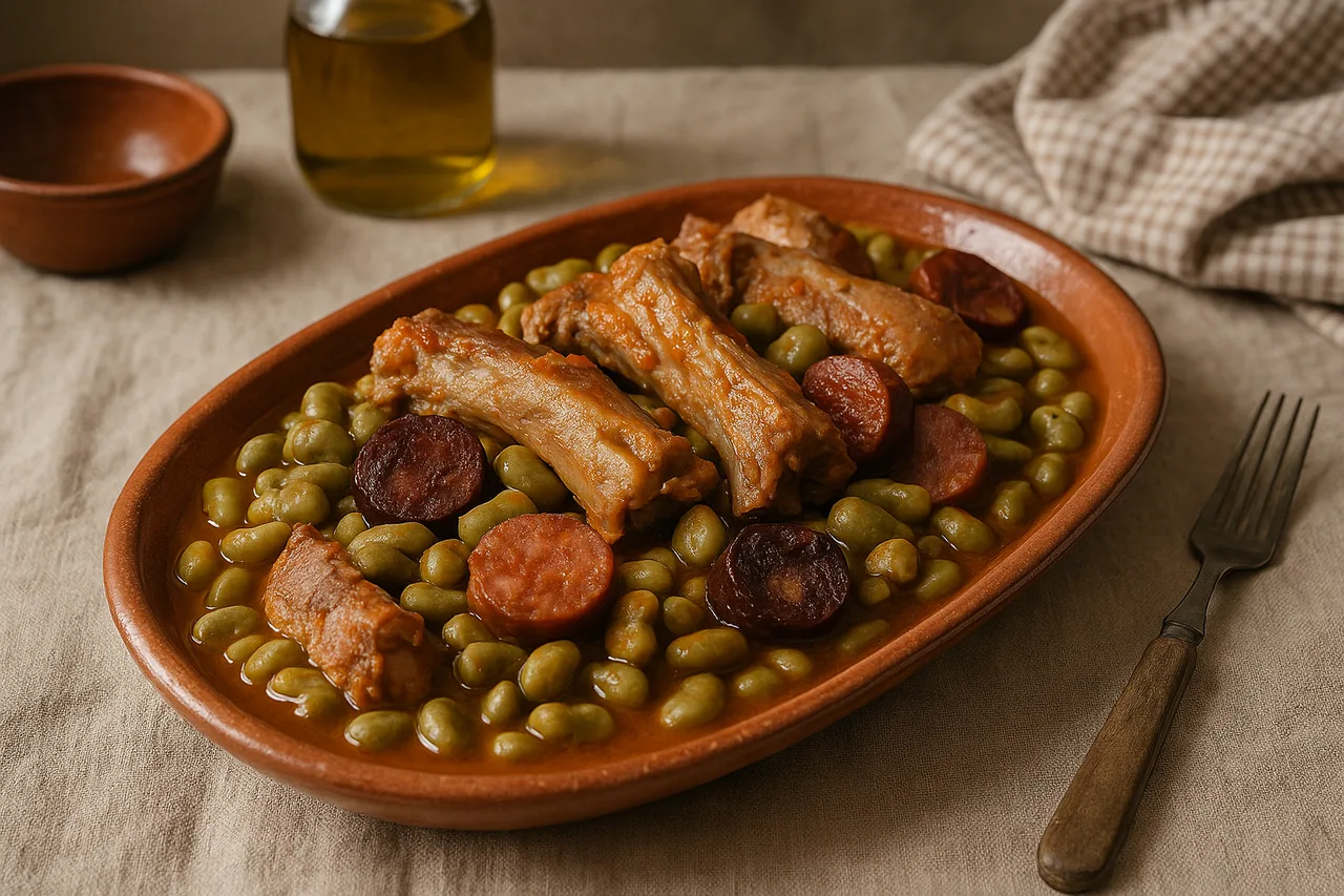 Prato de favas à casa portuguesa com entrecosto e enchidos, servido numa travessa rústica