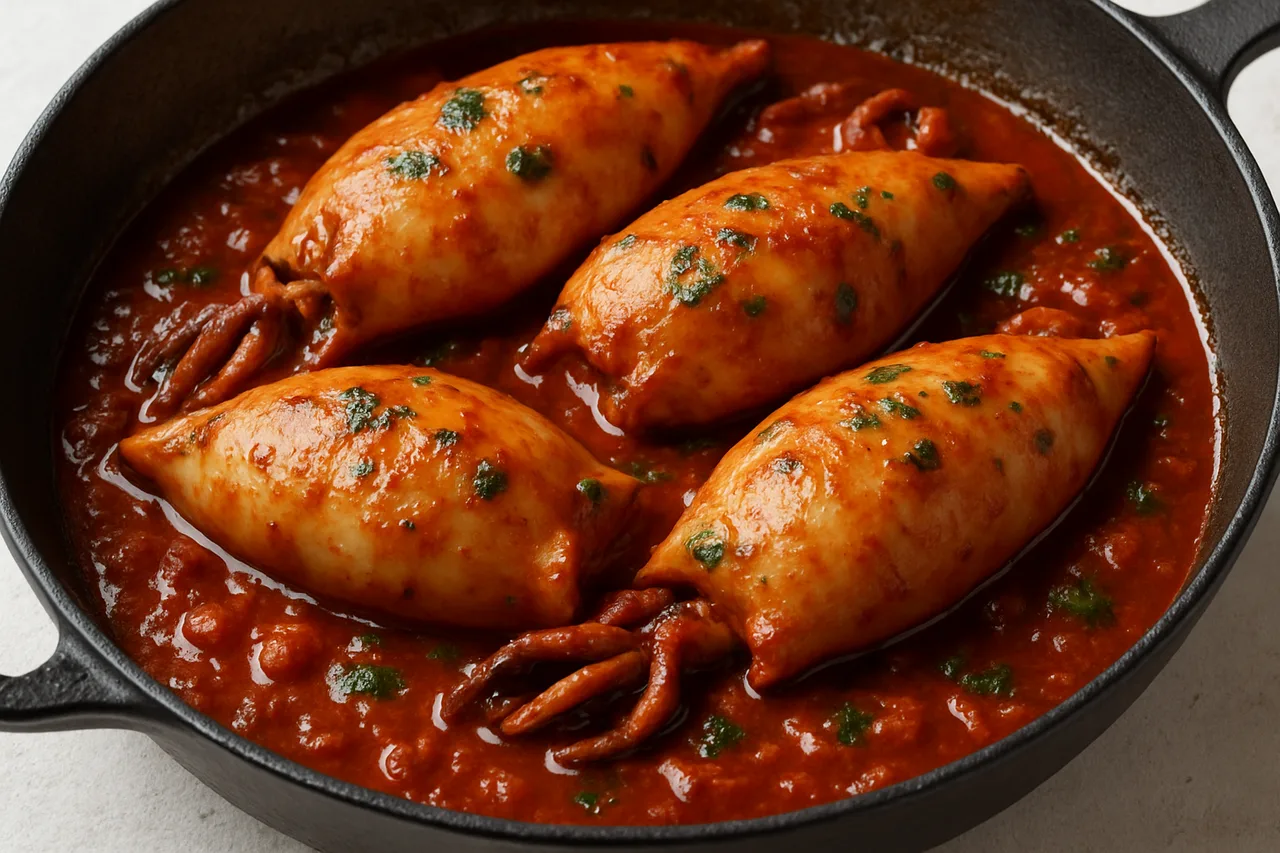 Close-up de lulas recheadas à portuguesa no molho de tomate espesso