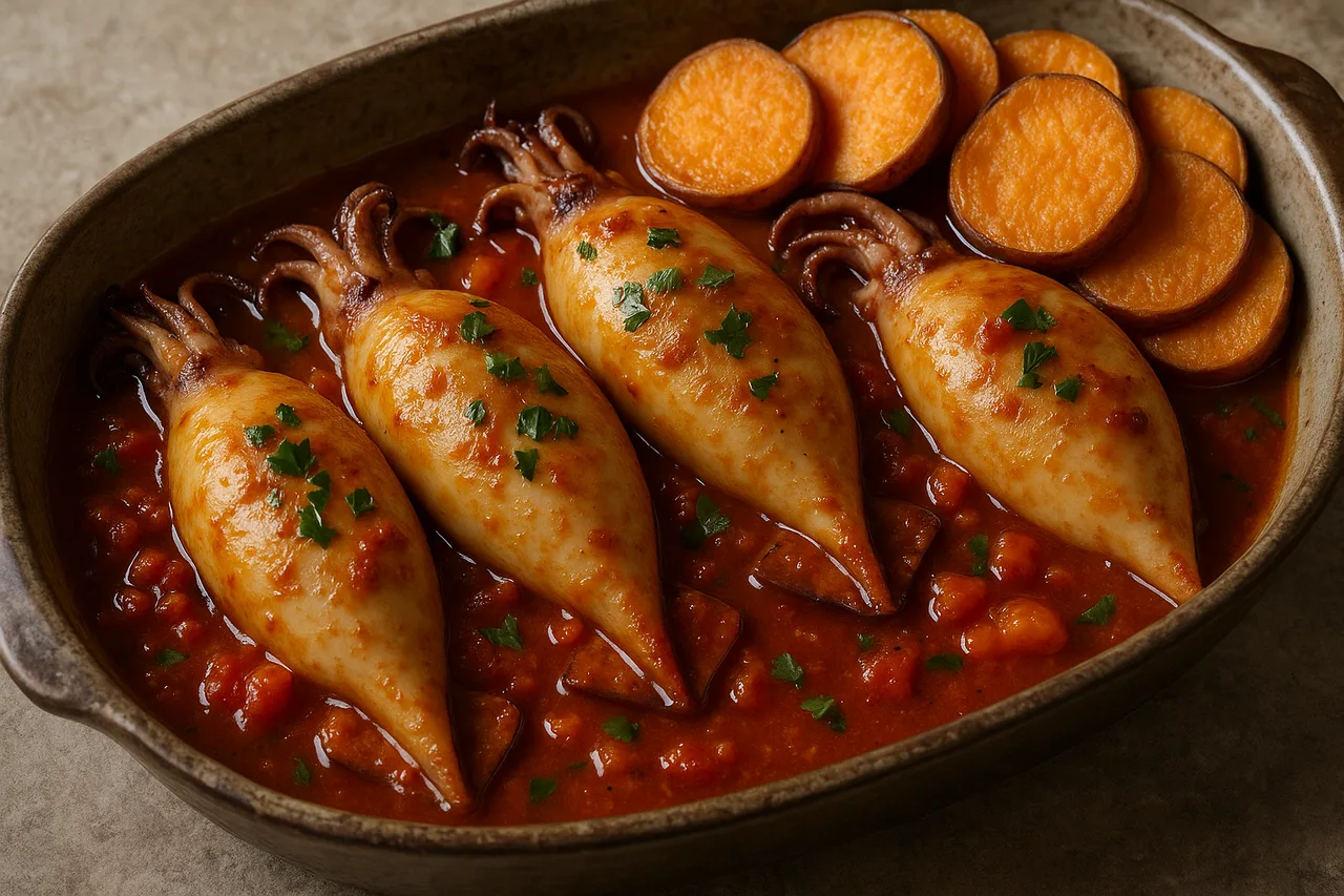 Lulas recheadas à portuguesa com molho de tomate e batata doce num prato rústico