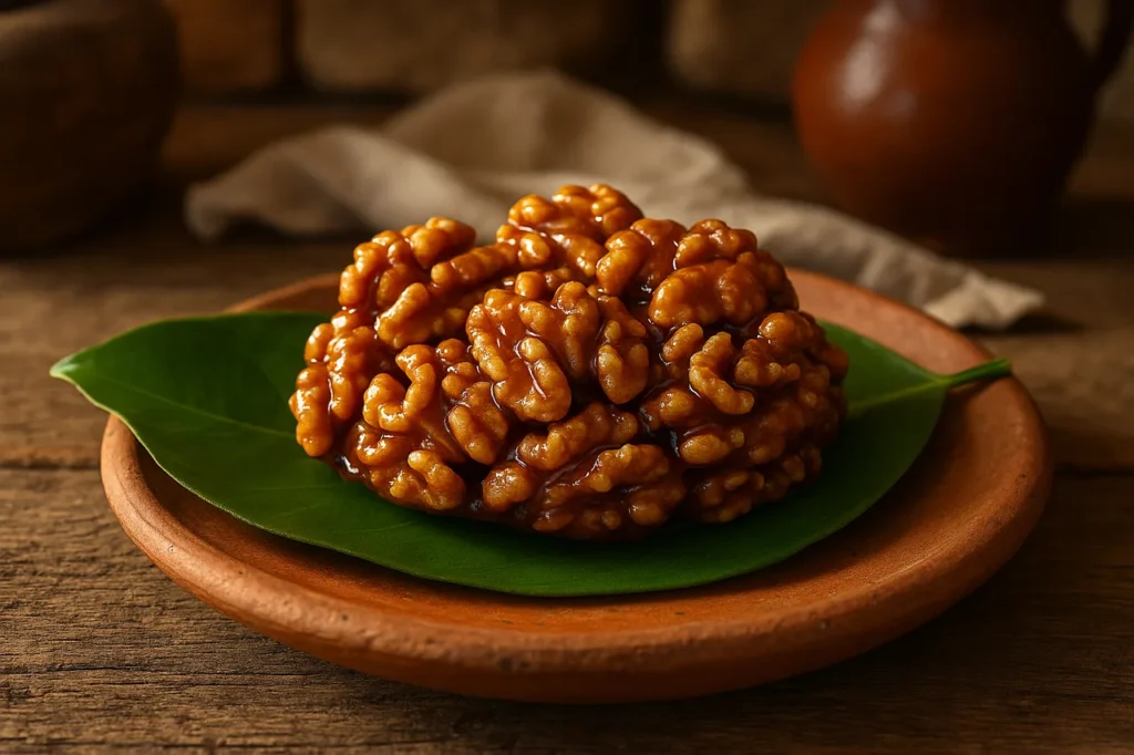 Nogado Alentejano tradicional servido sobre folha de laranjeira em cozinha rústica alentejana