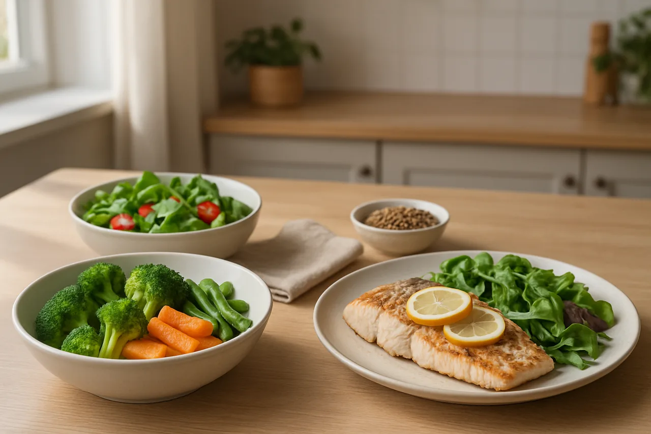 Refeição saudável com vegetais cozidos ao vapor, peixe grelhado e sementes para saúde digestiva