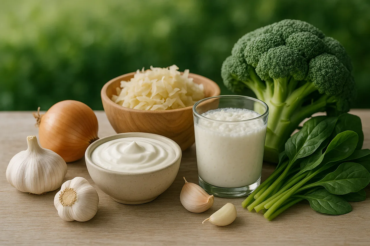 Mesa com alimentos fermentados e frescos para apoiar a saúde intestinal