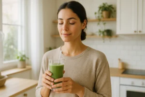 Pessoa serena segurando um smoothie natural numa cozinha luminosa e acolhedora