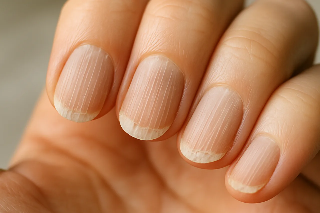 Fragilidade Unguial - Close-up de unhas com fragilidade e estrias verticais visíveis