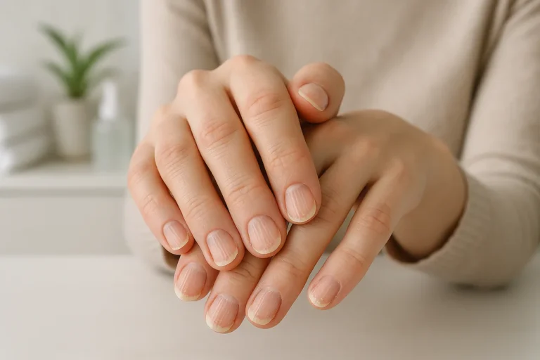 Mãos femininas com unhas mostrando estrias verticais e descamação em ambiente de saúde