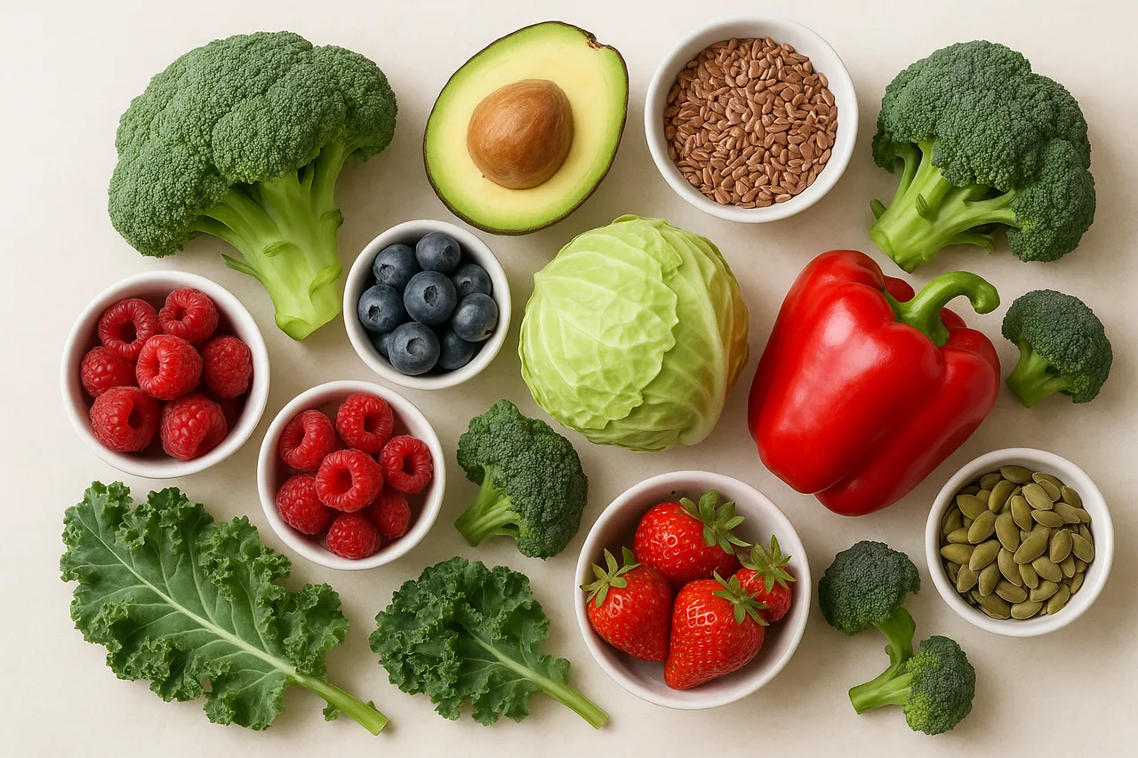 Alimentos naturais que ajudam a combater a gordura visceral, incluindo frutas vermelhas e vegetais crucíferos
