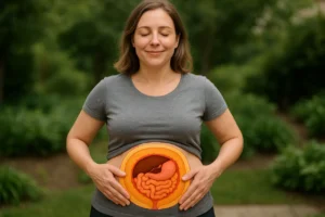 Ilustração da área da gordura visceral no organismo feminino, com foco na zona abdominal