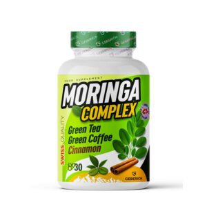 Frasco de Moringa Complex, suplemento alimentar com chá verde, café verde e canela, em embalagem de 30 cápsulas.