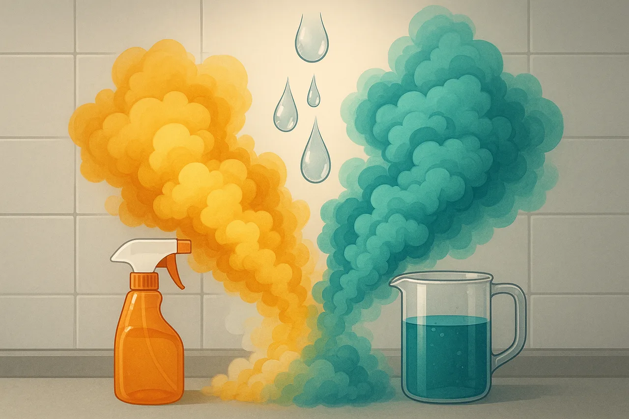 Reações químicas perigosas entre produtos de limpeza domésticos em vapores coloridos