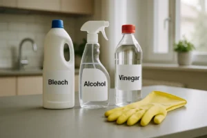 Sobre água sanitária perigosas - Produtos de limpeza domésticos incluindo água sanitária, álcool e vinagre numa bancada limpa