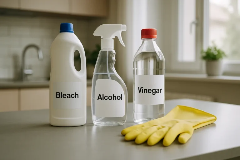 Sobre água sanitária perigosas - Produtos de limpeza domésticos incluindo água sanitária, álcool e vinagre numa bancada limpa