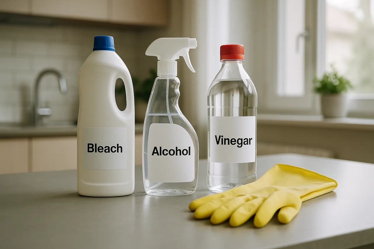 Sobre água sanitária perigosas - Produtos de limpeza domésticos incluindo água sanitária, álcool e vinagre numa bancada limpa