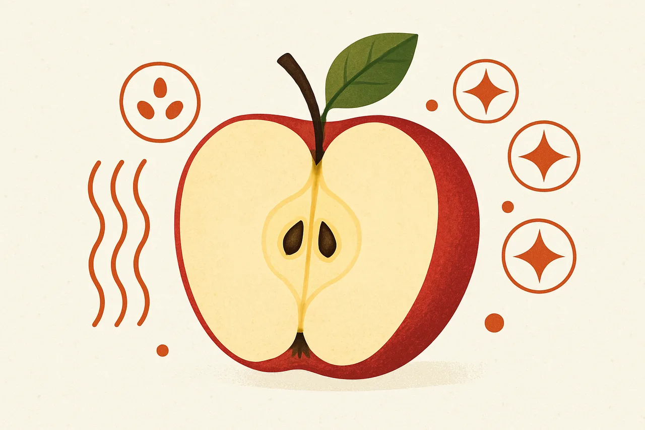 Alimentos Ricos em fibras Ilustração de Alimentos Ricos em fibras uma maçã cortada ao meio com destaque para polpa e casca mostrando nutrientes