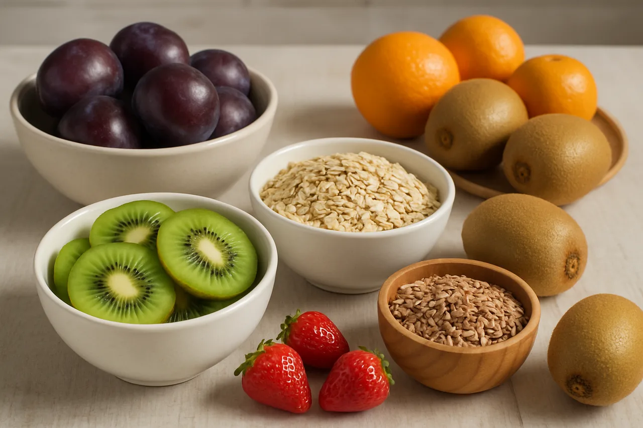 Intestino Preso - Frutas frescas e alimentos ricos em fibras para saúde digestiva