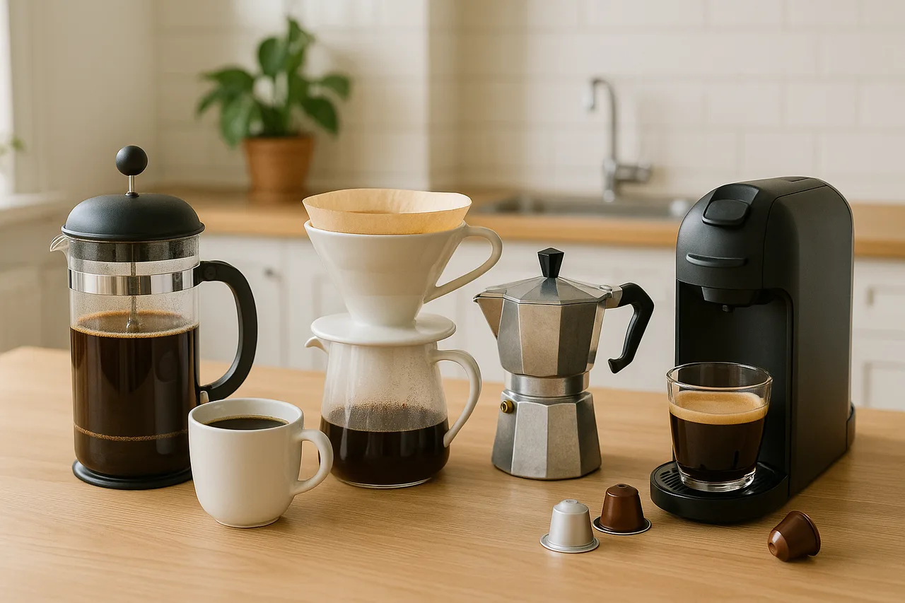 Vários métodos de preparação de café sobre uma mesa de cozinha