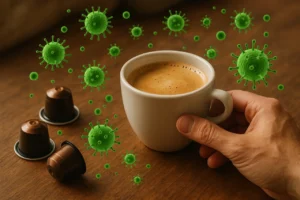 Sobre Café em Cápsula - Xícara de café próxima a cápsulas com representação metafórica de toxinas