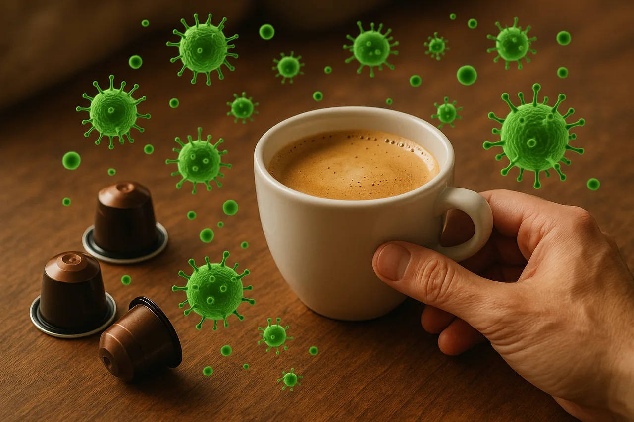 Sobre Café em Cápsula - Xícara de café próxima a cápsulas com representação metafórica de toxinas