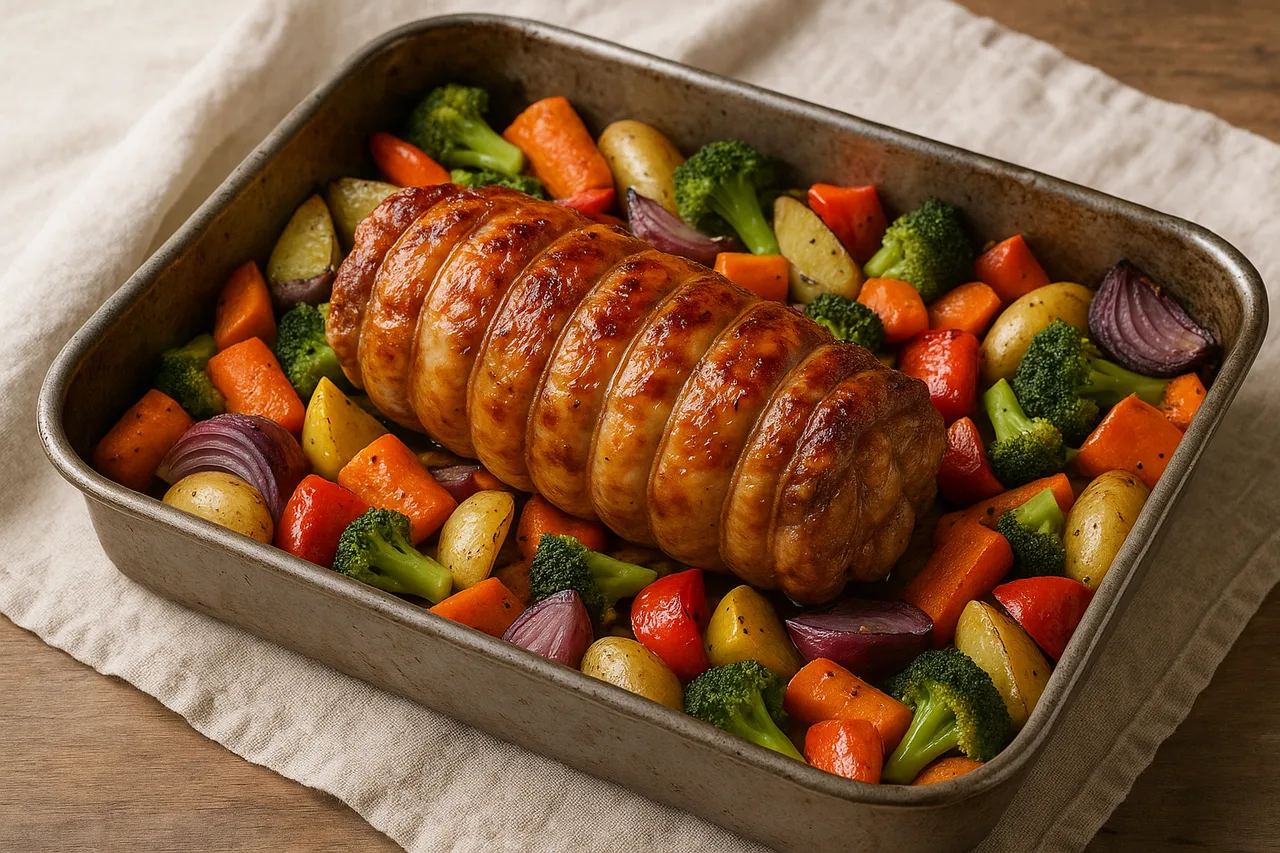 Assadeira com rolo de frango especial assado e legumes variados