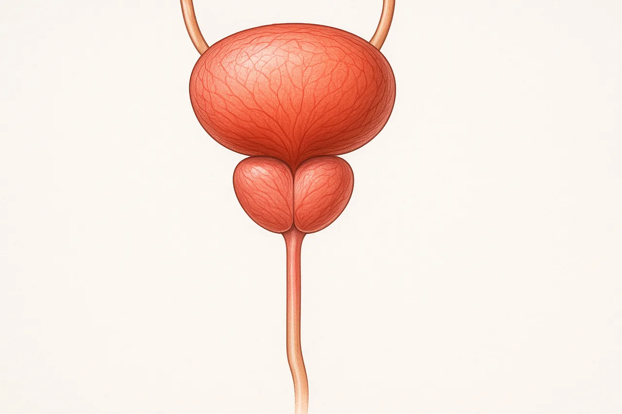 Ilustração da anatomia da próstata e sistema urinário masculino, para fins educativos