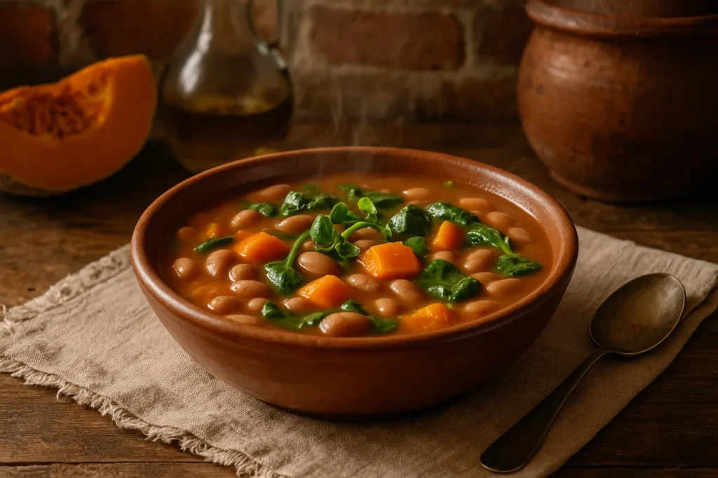 Tigela de sopa de feijão com abóbora e agrião num ambiente rústico português