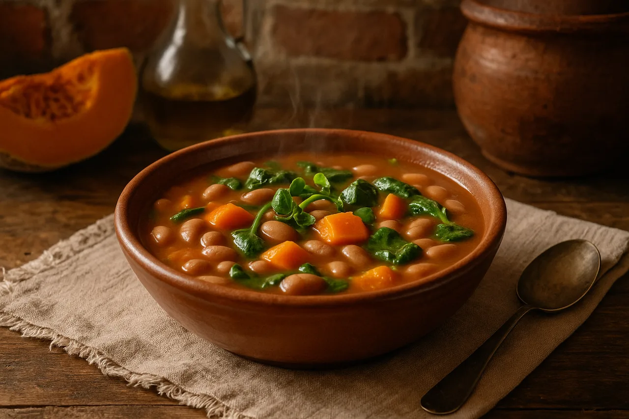Tigela de sopa de feijão com abóbora e agrião num ambiente rústico português