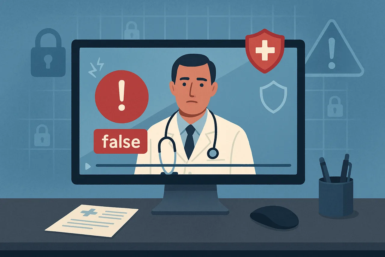 Ecrã de computador com vídeo de médico falso e elementos de alerta sobre segurança digital e desinformação