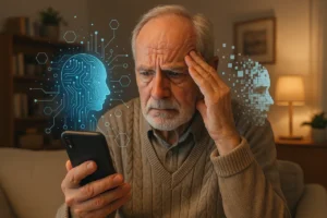 Idoso preocupado olhando para telemóvel com representação digital abstrata relacionada a falsificação por inteligência artificial