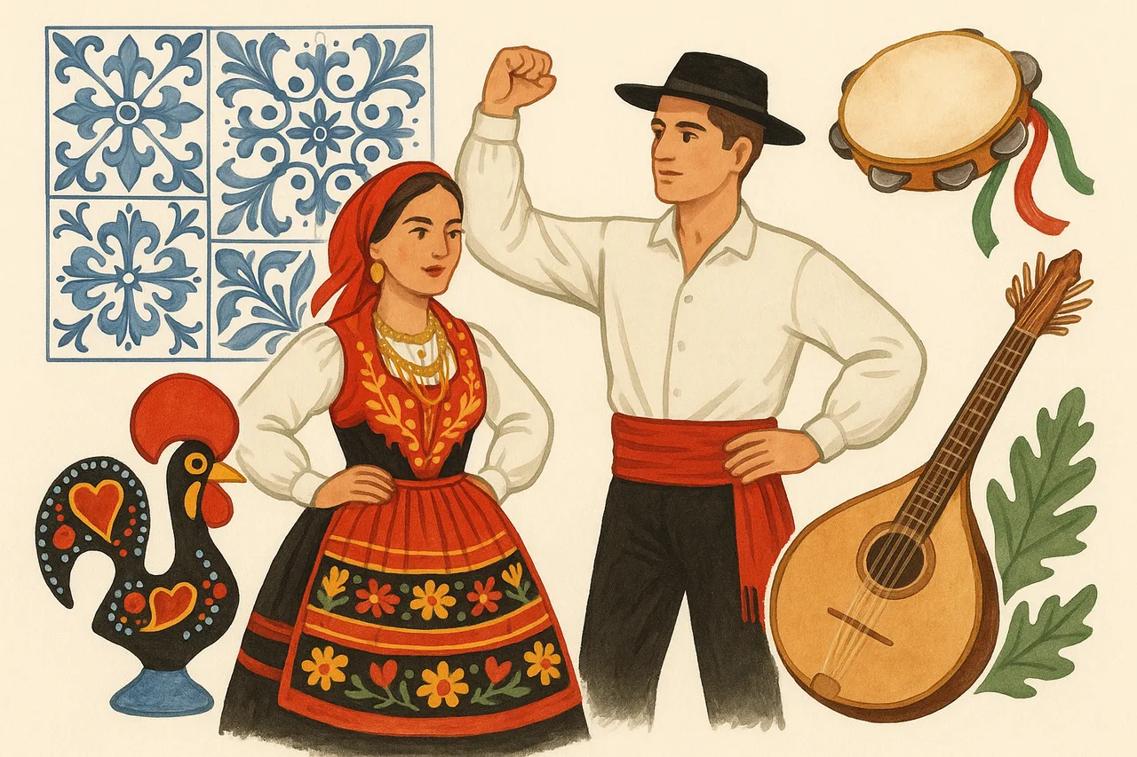 Elementos da Cultura Portuguesa tradicionais como azulejos e trajes típicos