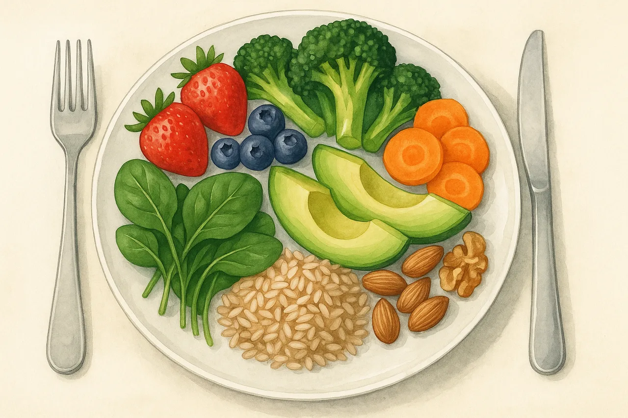 Prato para Emagrecer Naturalmente com frutas, verduras, cereais integrais e oleaginosas como exemplo de refeição saudável