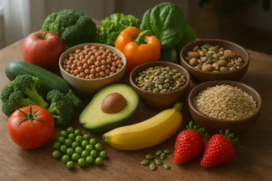 Mesa com alimentos naturais frescos e coloridos numa disposição saudável e equilibrada