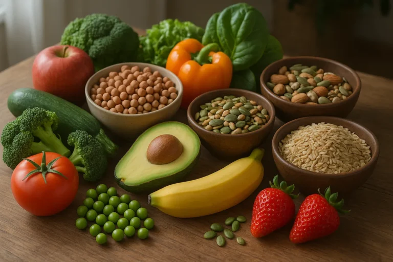 Mesa com alimentos naturais frescos e coloridos numa disposição saudável e equilibrada