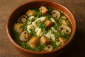Calducho de bacalhau com poejos servido numa tigela rústica