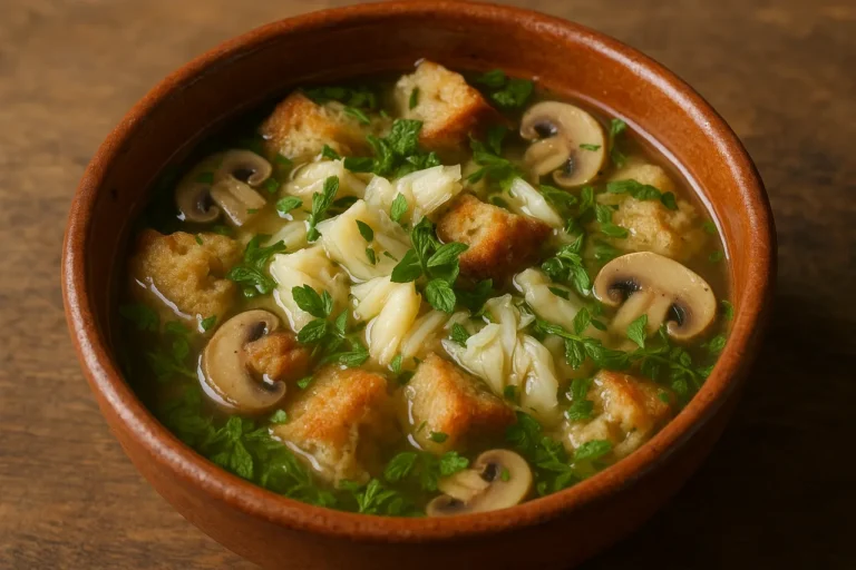Calducho de bacalhau com poejos servido numa tigela rústica