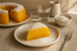 Doce dos Anjos tradicional português em fatia decorada com coco ralado