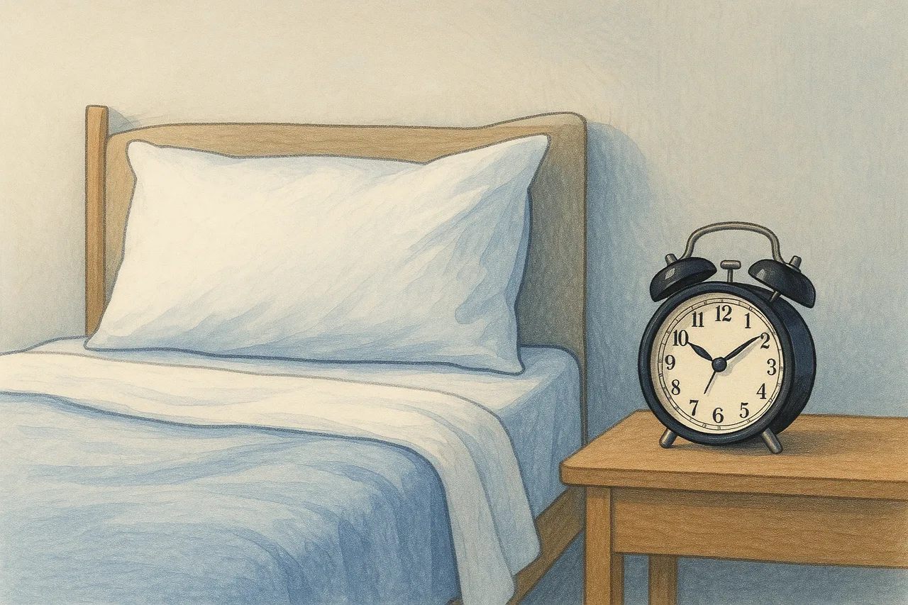 Cama com despertador ao lado numa atmosfera tranquila, ilustrando cuidados para um sono reparador