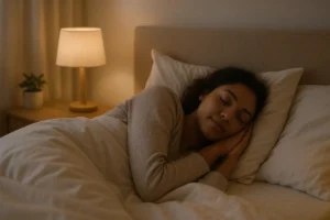 Pessoa a dormir tranquilamente num quarto acolhedor, simbolizando sono reparador e bem-estar