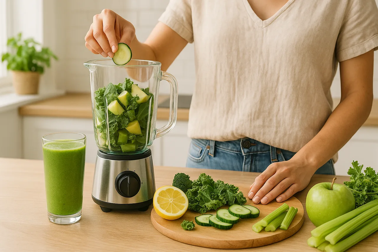 Pessoa preparando bebida detox natural com legumes e frutas frescas